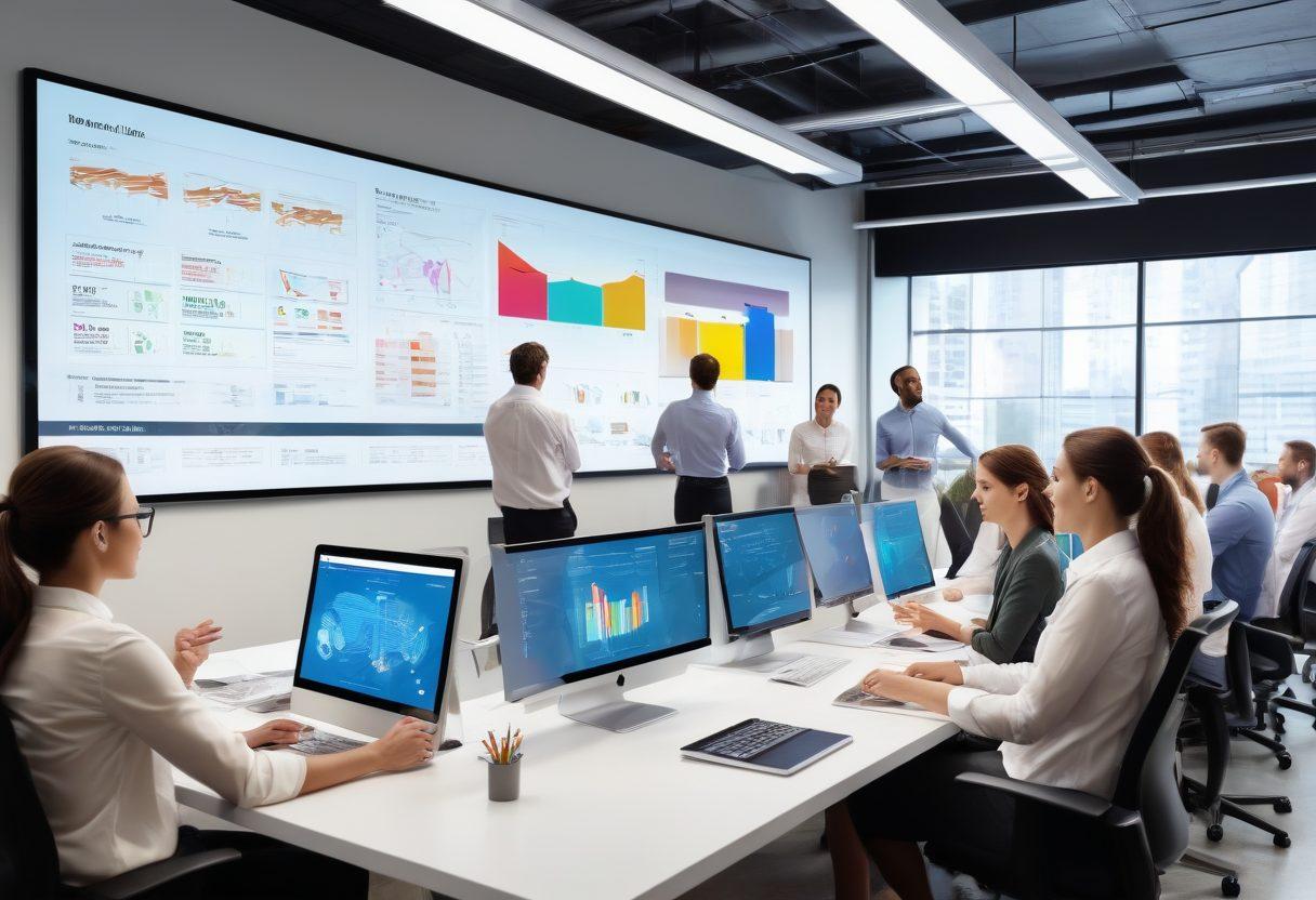 A contemporary office scene showcasing a diverse team of professionals engaging in animated discussions surrounded by floating digital graphs and polling technologies. Incorporate visual elements like interactive screens displaying live polling results, colorful infographics, and strategic planning boards, all highlighting teamwork and innovation. The atmosphere should feel energetic and collaborative. super-realistic. vibrant colors. modern style.