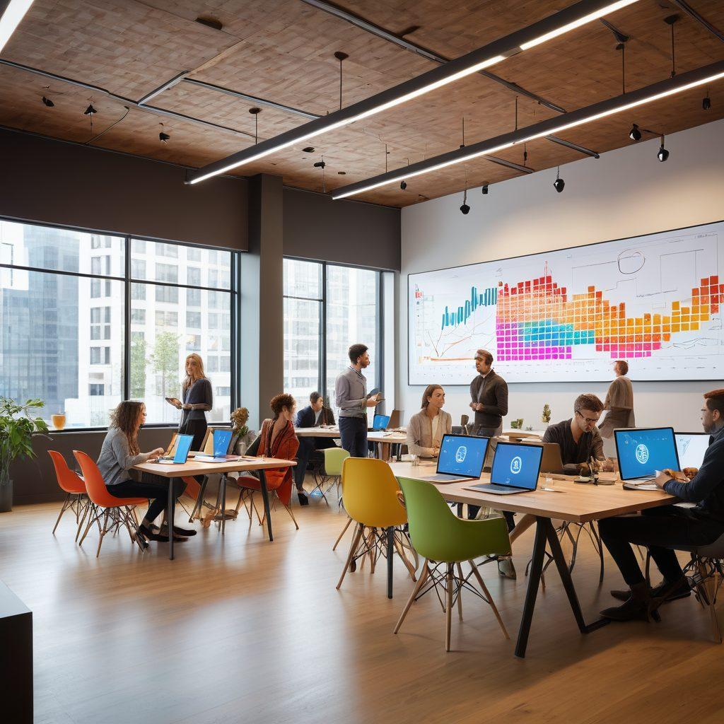 A dynamic scene illustrating a diverse group of people engaged in animated discussion, surrounded by digital devices displaying polling technology. Include visual elements like charts and graphs emerging from the devices, symbolizing feedback synthesis. The setting is a bright, modern workspace that exudes collaboration. Capture a sense of enthusiasm and connection among participants. vibrant colors. super-realistic. modern design.