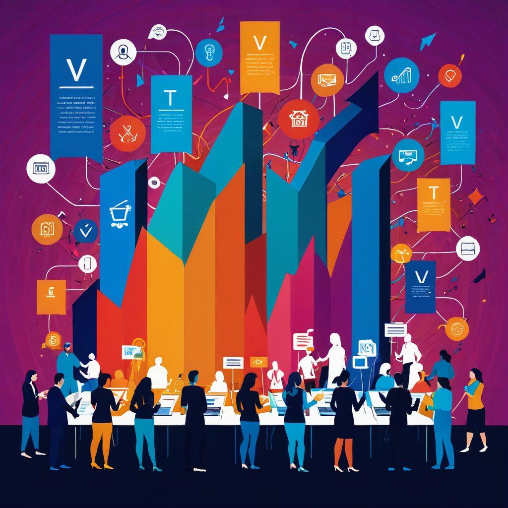 A visually striking infographic depicting a diverse group of people engaged in voting, with colorful charts and graphs emerging from their votes. The background shows a bustling marketplace, symbolizing market success. Emphasize connections between data and decision-making with flowing lines that link crowd inputs to market outcomes. Include elements that represent technology and collaboration. vector art. vibrant colors. dynamic composition.